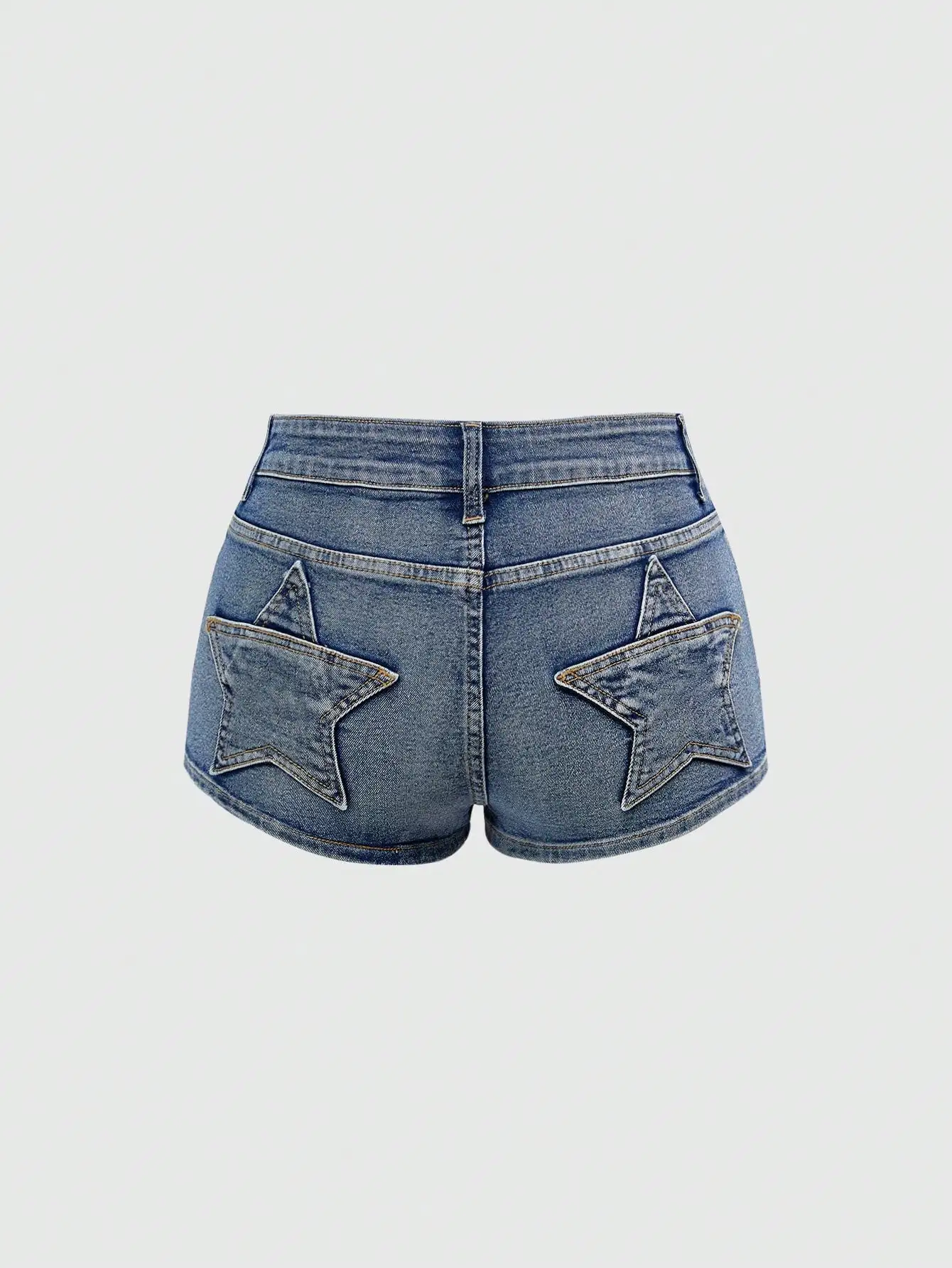 

Ultra Low Rise Super Short Denim Shorts With Star Patch Pockets