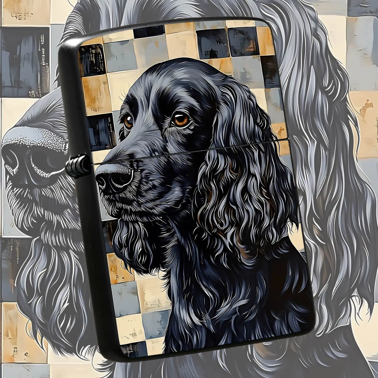 Vintage Stylish Black Cocker Spaniel Lighter With Art Checkered Background, Hand Painted Texture Pet Pattern Portable Accessory, Ideal For Daily Use, Party Gathering, Gifting To Pet Lovers As Creative Holiday Present, Ex A Humorou And Inter