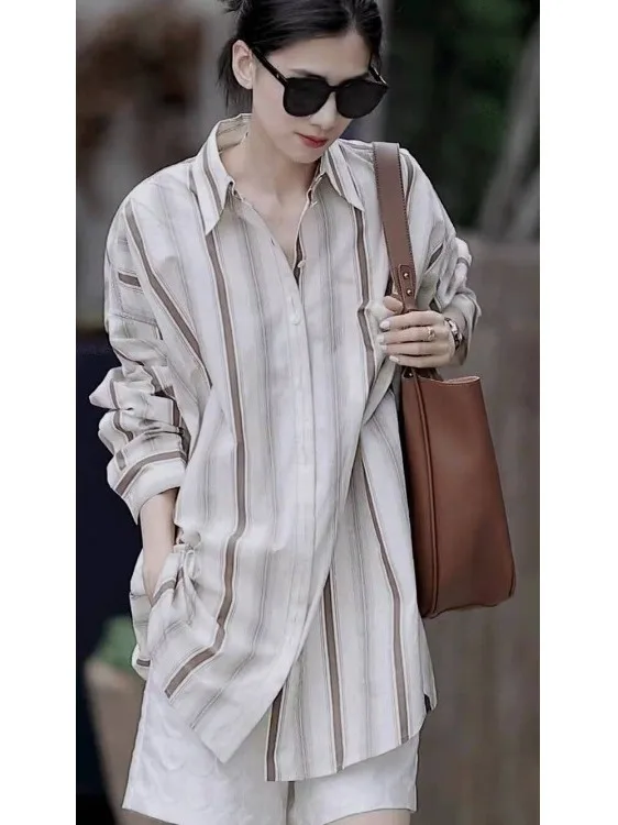 

Женская полосатая рубашка на весну-осень, свободного кроя, повседневная, с красивым уникальным дизайном, модная, с длинным рукавом, стандартный крой