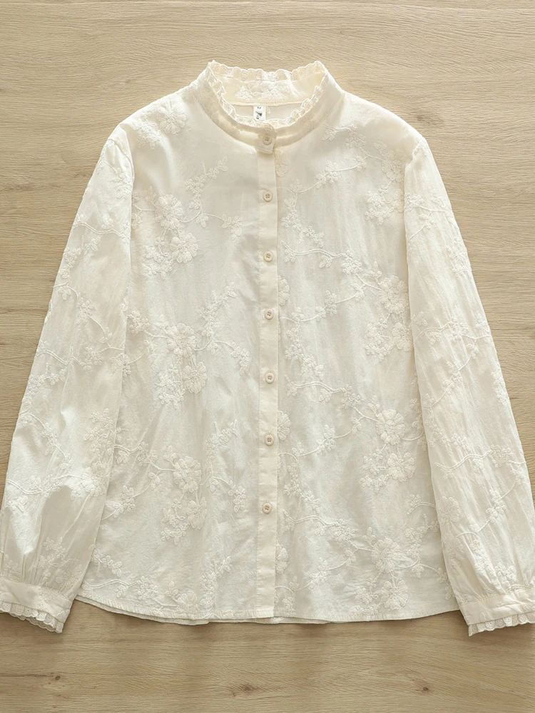 New Autumn Cotton Embroidery Ruffles Shirt, Women French Tops Long Sleeve, Mori Girl Loose Stand Blouses, 2024 Winter T49203KC