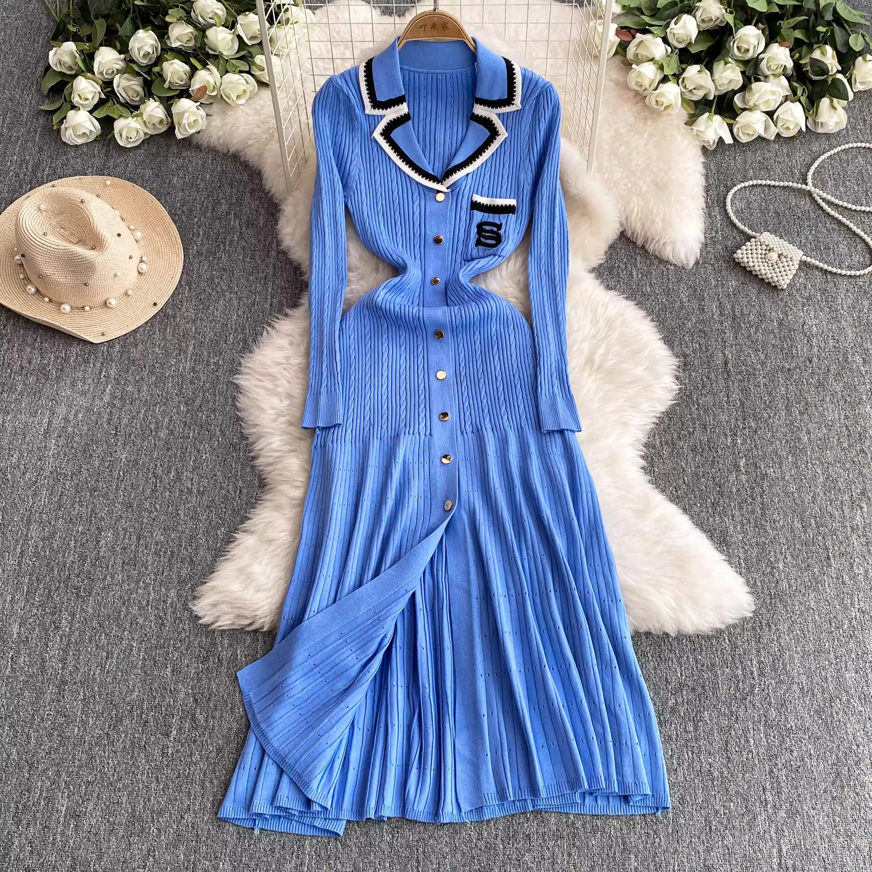 YuooMuoo-Vestido de manga larga de punto para mujer, maxivestido de marca a la moda con muescas, elegante, para oficina, Otoño e Invierno