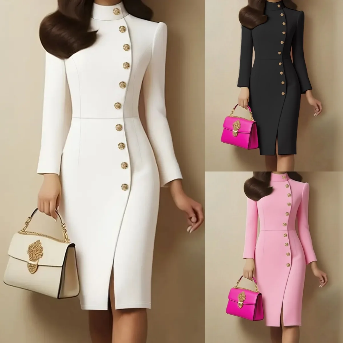 

New Autumn Women's Commuting Dress Elegant Slim Long Sleeve Stand Collar Split Button Spring Office Midi Dress