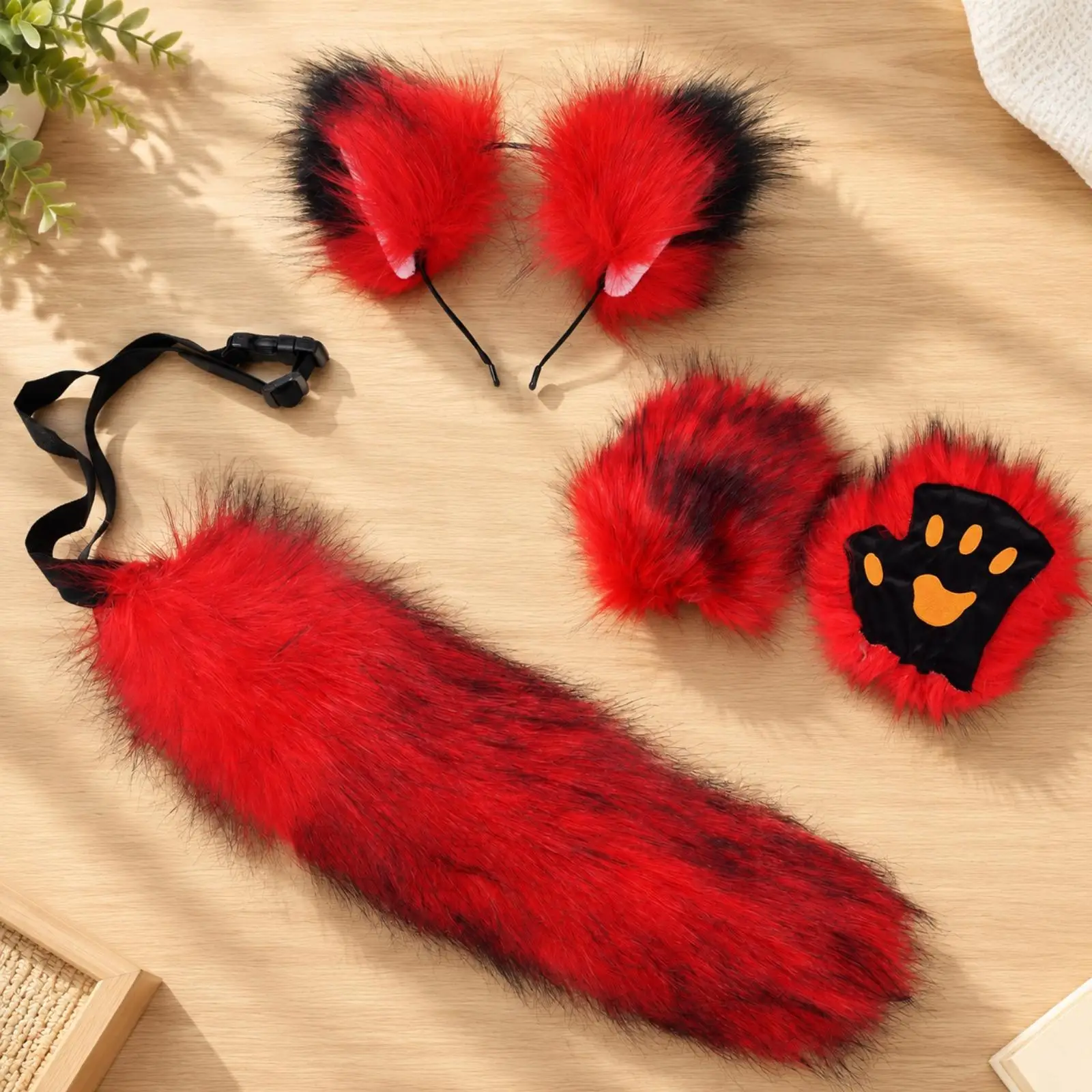 Faux Fur Cat Ear Headband Tail Paw Gloves Cosplay Kit for Anime Convention Costume Party Animal Dress Up Accessories Set