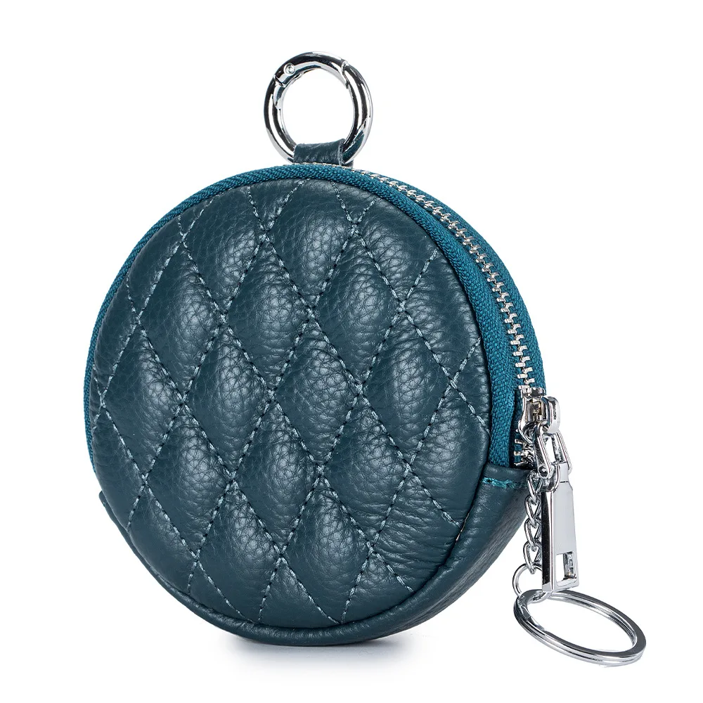 Poudres de pièces matelassées de forme ronde en cuir de vachette véritable pour dames, petit portefeuille, sac à main avec porte-clés, sac d'argent rhomboïde, mode