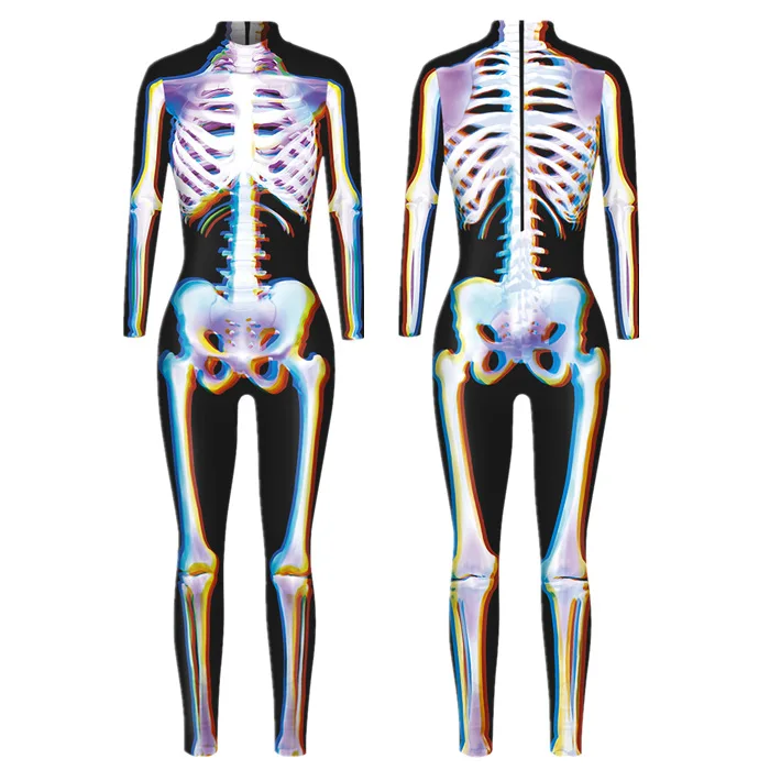 Festtags-Karnevalskostüm Skelett-Bedruckte Bodysuits für Frauen Bunte Halloween-Cosplay-Jumpsuits Zentai-Catsuit – Detail 6