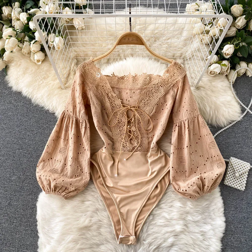 Women Sexy Lace Bandage Embroidery Bodysuit Chic Off Shoulder V-neck Jumpsuits Summer Beach Vacation Slim Rompers Clothing