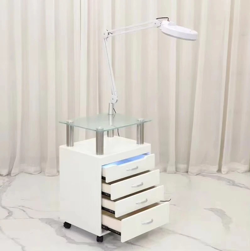 Salon Tool Trolley with Foldable Magnifying Lamp Mobile Storage Cart with 4 Drawers & Wheels for Beauty Spa Facial Manicure Use