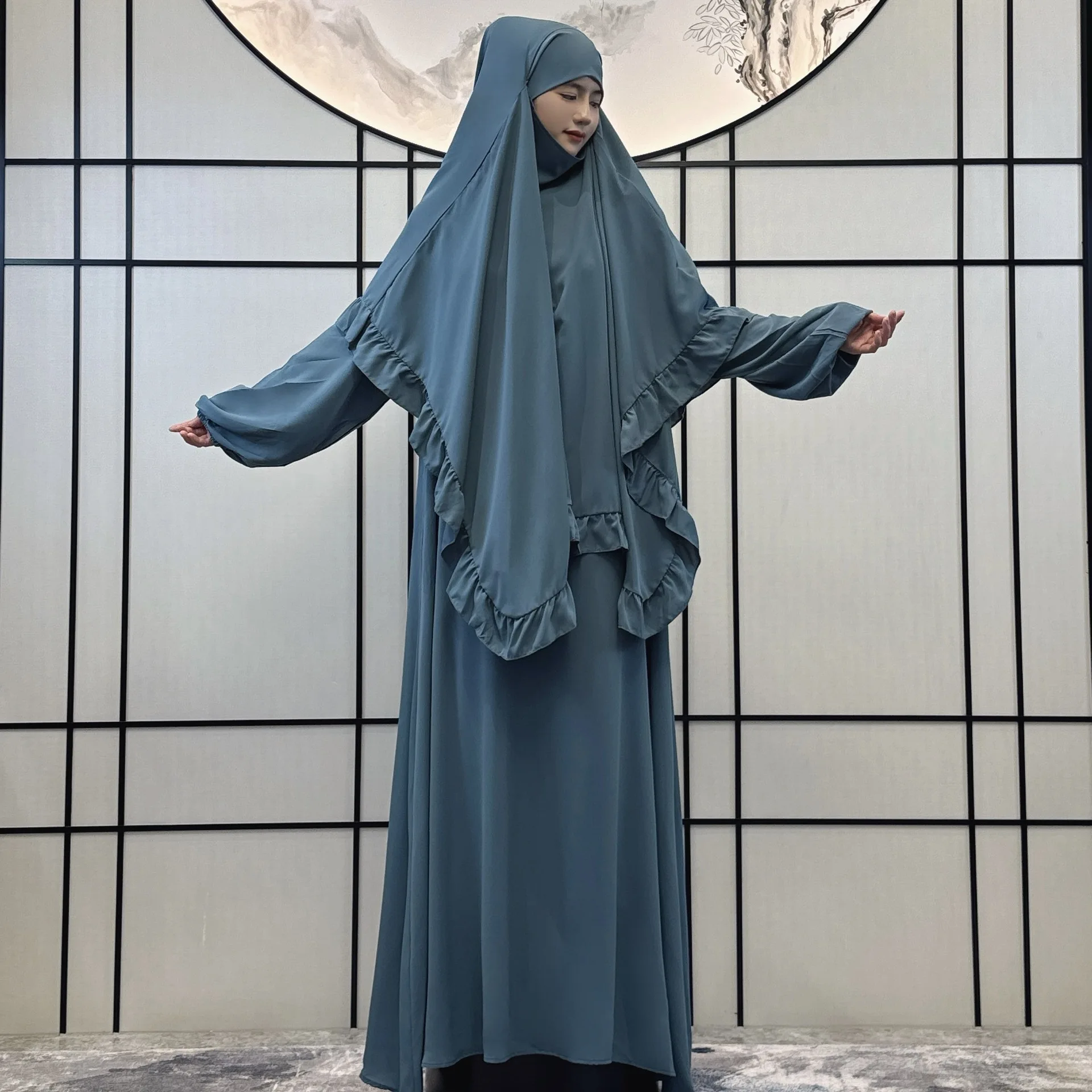 Ruffle Khimar Abaya Set donna Eid Djellaba Ramadan musulmano preghiera indumento Overhead caftano Islam abbigliamento Hijab Dress Jalabiya 2PC