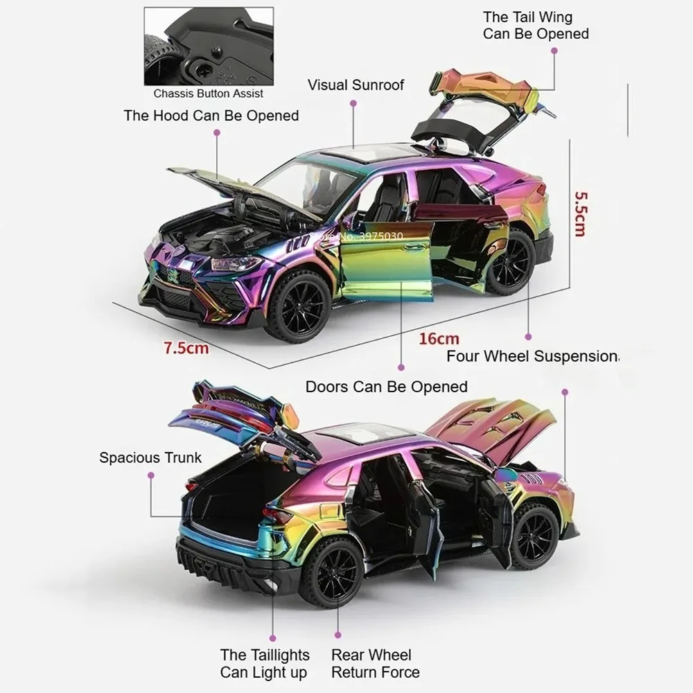 1:32 람보르기니 우루스 합금 자동차 장난감 다이캐스팅 모델, 조명 및 음악 기능 포함 미니어처 자동차 휠 후진 기능, 어린이 및 성인 선물용