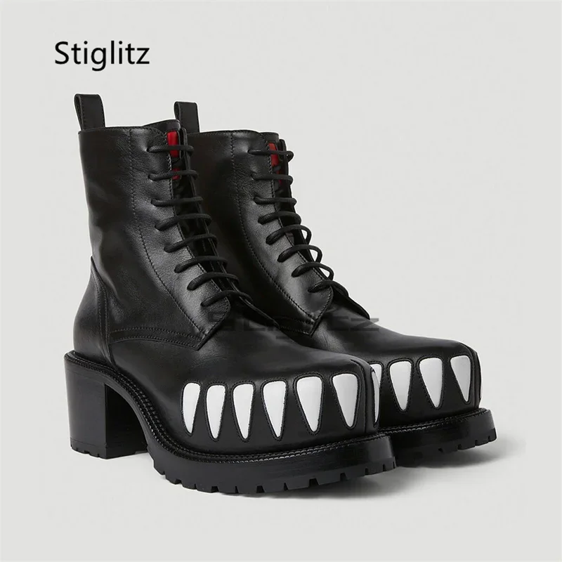 Black Chunky Heels Leather Ankle Boots for Men Lace Up Genuine Short Boots Round Toe White Teeth Fashion Designer Handmade Shoes