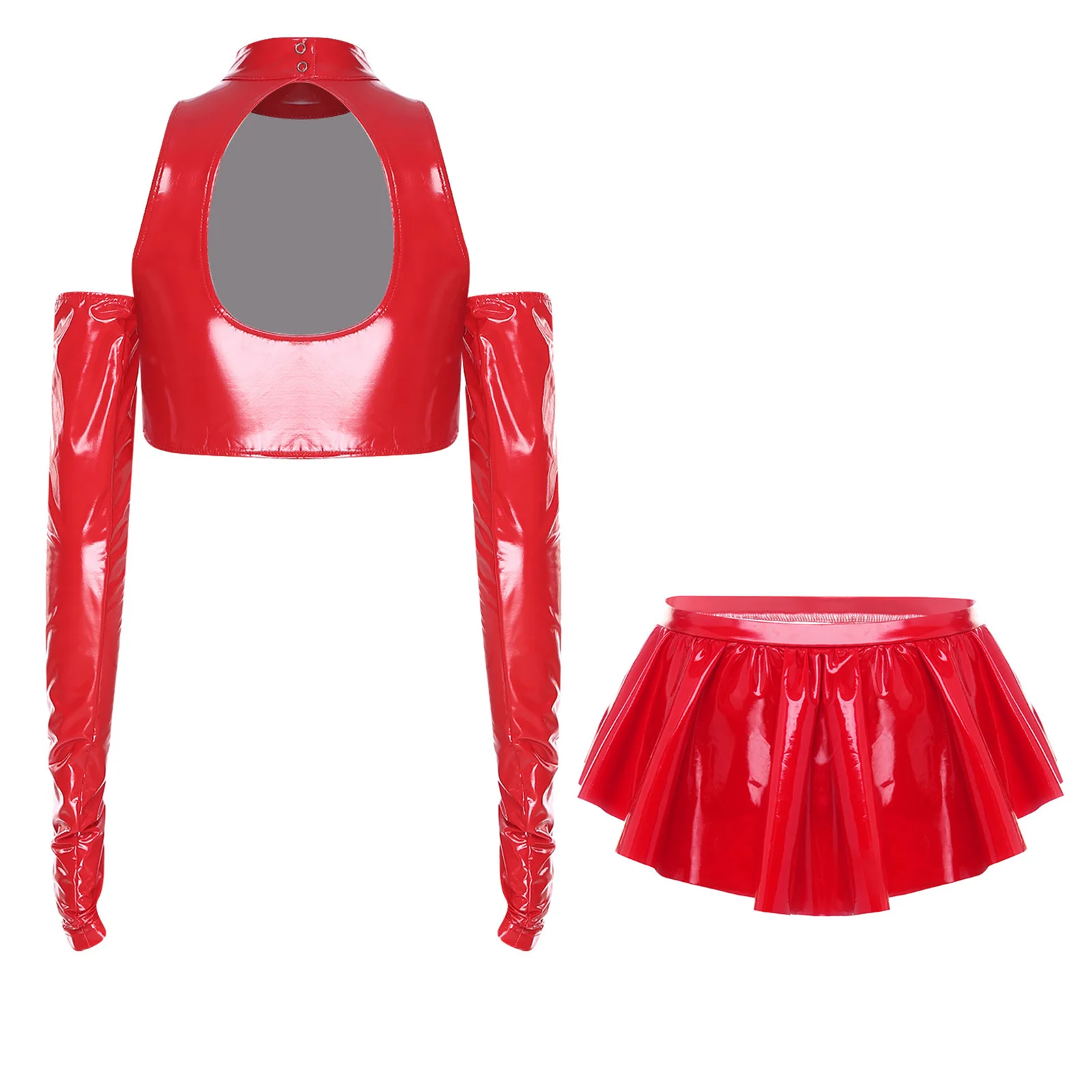 Women Glossy Rave PU Leather Party Outfit Set Dancing Night Clubwear Cold Shoulder Long Sleeve Crop Top And Ruffled Skirted