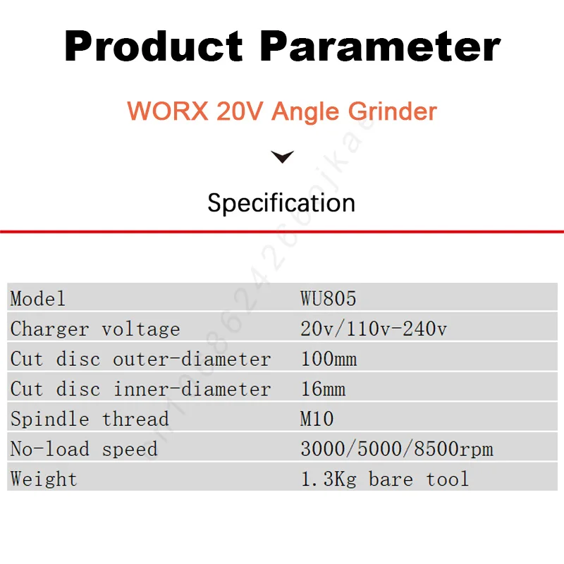 Worx Cordless Angle Grinder Rechargeable WU805 20v 100x16mm 8500rpm 3 Speed Adjustable Brushless for Cutting Share 5Pin Battery