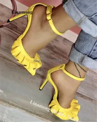 Linamong Yellow Suede Ruffles Thin Heel Pumps Charming Pointed Toe Fringes Ankle Strap Stiletto Heel Dress Shoes Party Heels