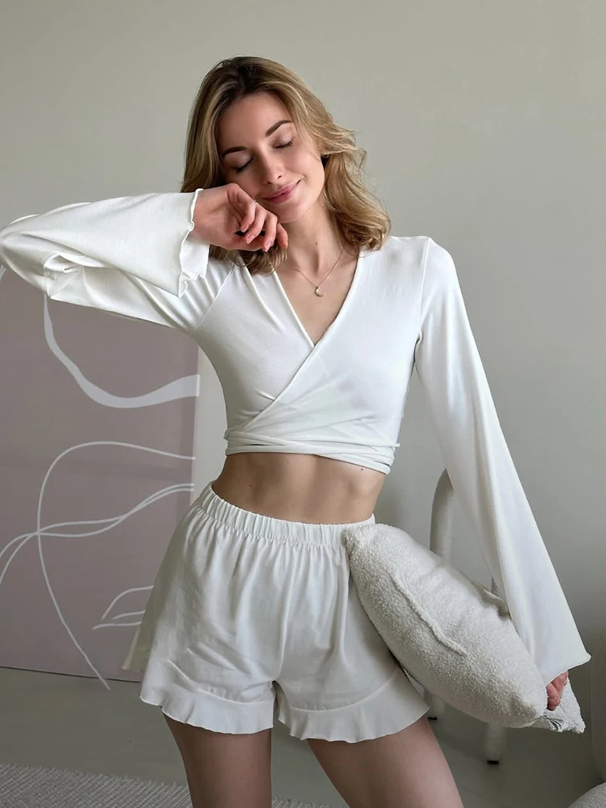 

Marthaqiqi повседневные женские ночные рубашки комплект с v-образным вырезом пижамы с длинными рукавами укороченный топ ночная рубашка шорты зимняя женская ночная рубашка костюм