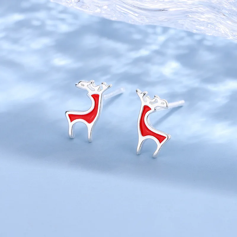 Fashiona Personality Red Christmas Elk 925 Sterling Silver Temperament Small Fresh Deer Simple and Compact Earrings  E022