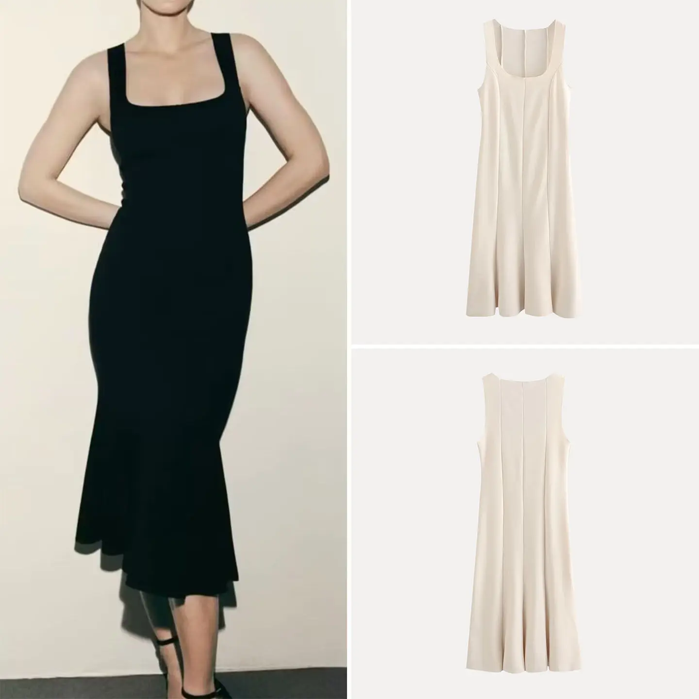 

Women's Summer 2026 New Style Casual Slim Fit Midi Dress Sleeveless Belted High Waist Pure Color Square Collar Casual Dress