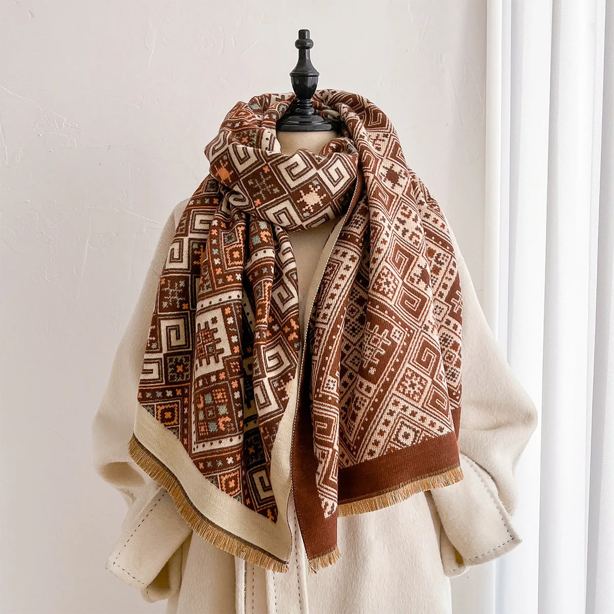 Thick Soft Imitation Cashmere Shawl Scarf Retro Geometric Ethnic Tile Print Tassel Detail Large Fashion Wrap For Women
