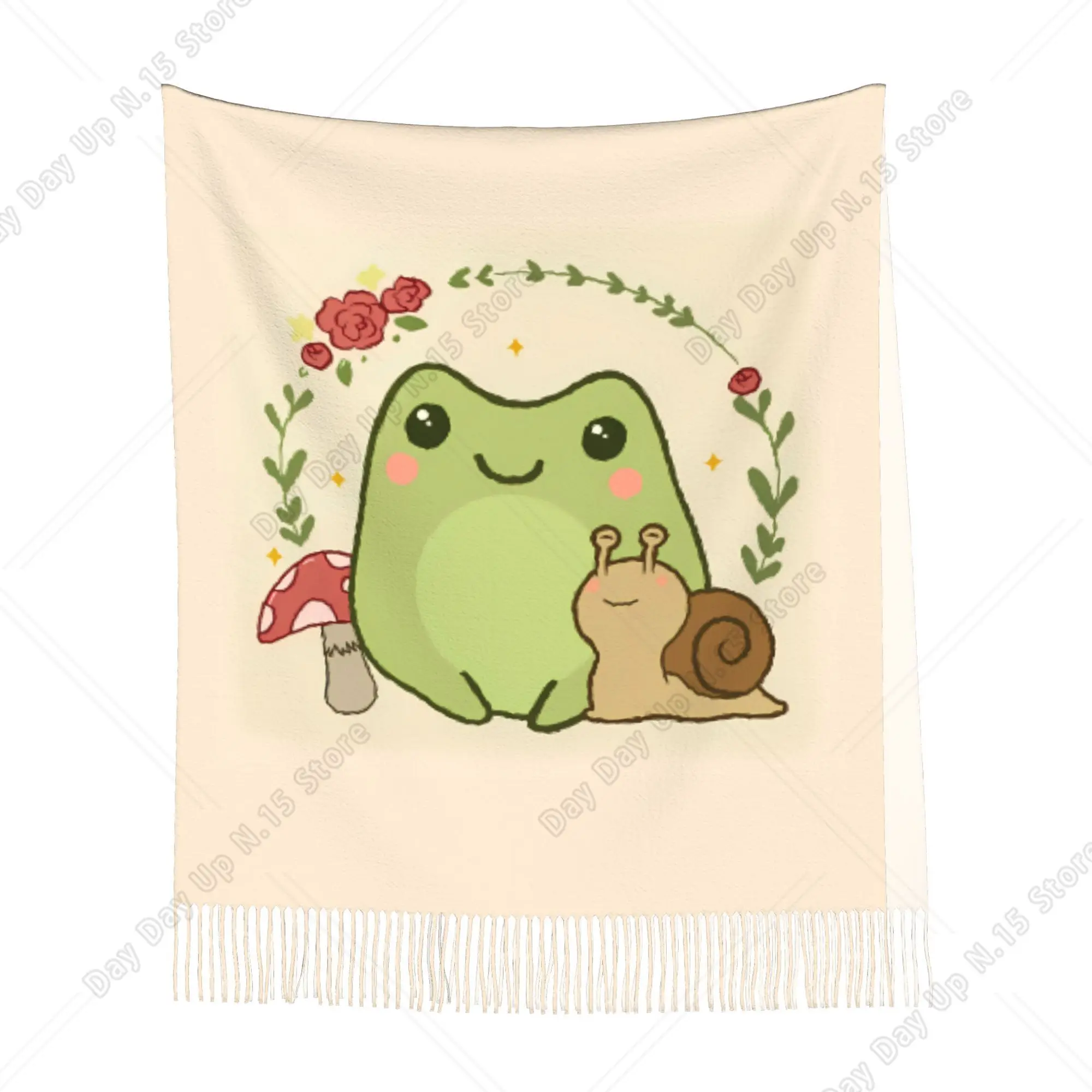 Cute Cartoon Frog Snail Mushroom Floral Printed Shawl, Fringed Gentle Soft Scarf, Cottagecore Gift for Teen Girls