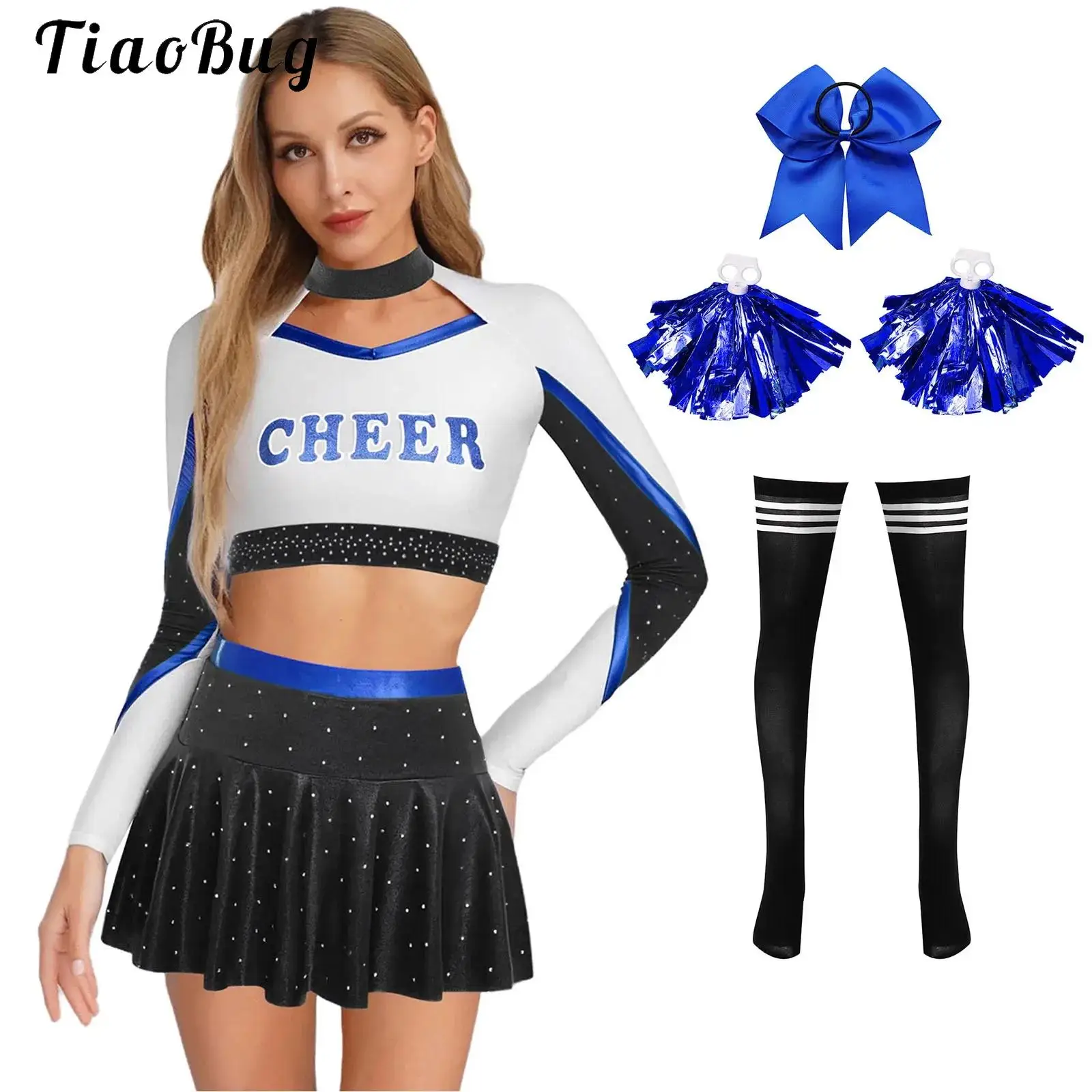 

Sexy Halloween Cheerleader Cosplay Costume Women Cheerleading Cheer Uniform Outfit Long Sleeve Hollow Out Crop Top+Mni Skirt Set