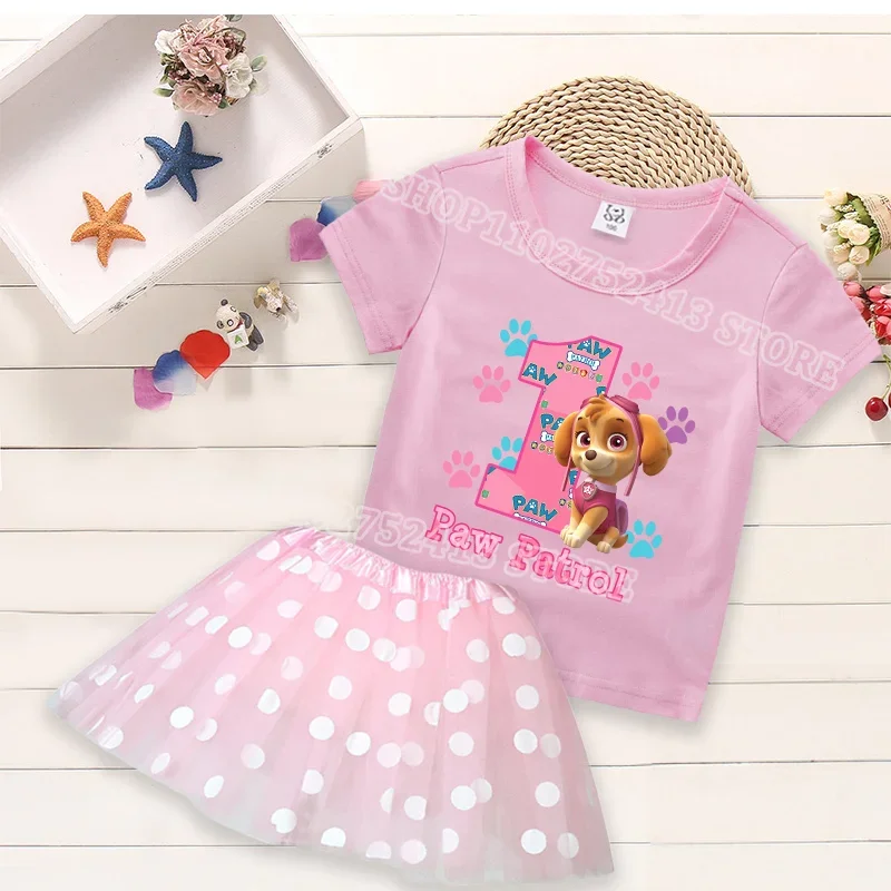 2pcs Paw Patrol Skye T-shirt Dress Cartoon Fashion Kids Sets Polka Dot Print Round Neck Pink Number Birthday Clothing Girls Gift view 3