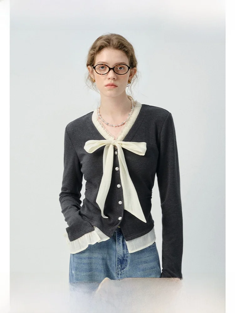 

Vega Chang Women's Knitted Sweater Spring 2026 Early Season Color Block V-Neck Knot Thin Style Fashionable Commute ...