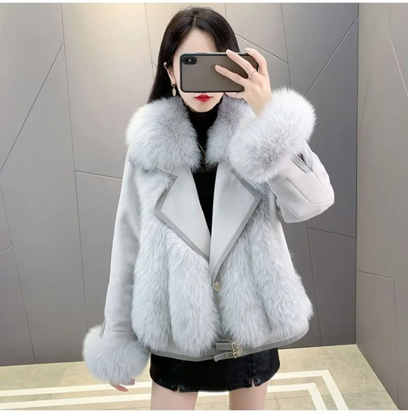 

Женское пальто 2026 Осень/Зима, замша, имитация меха лисы, пальто-кимоно, женская модная меховая одежда из Хайнина, цельное пальто, женская одежда