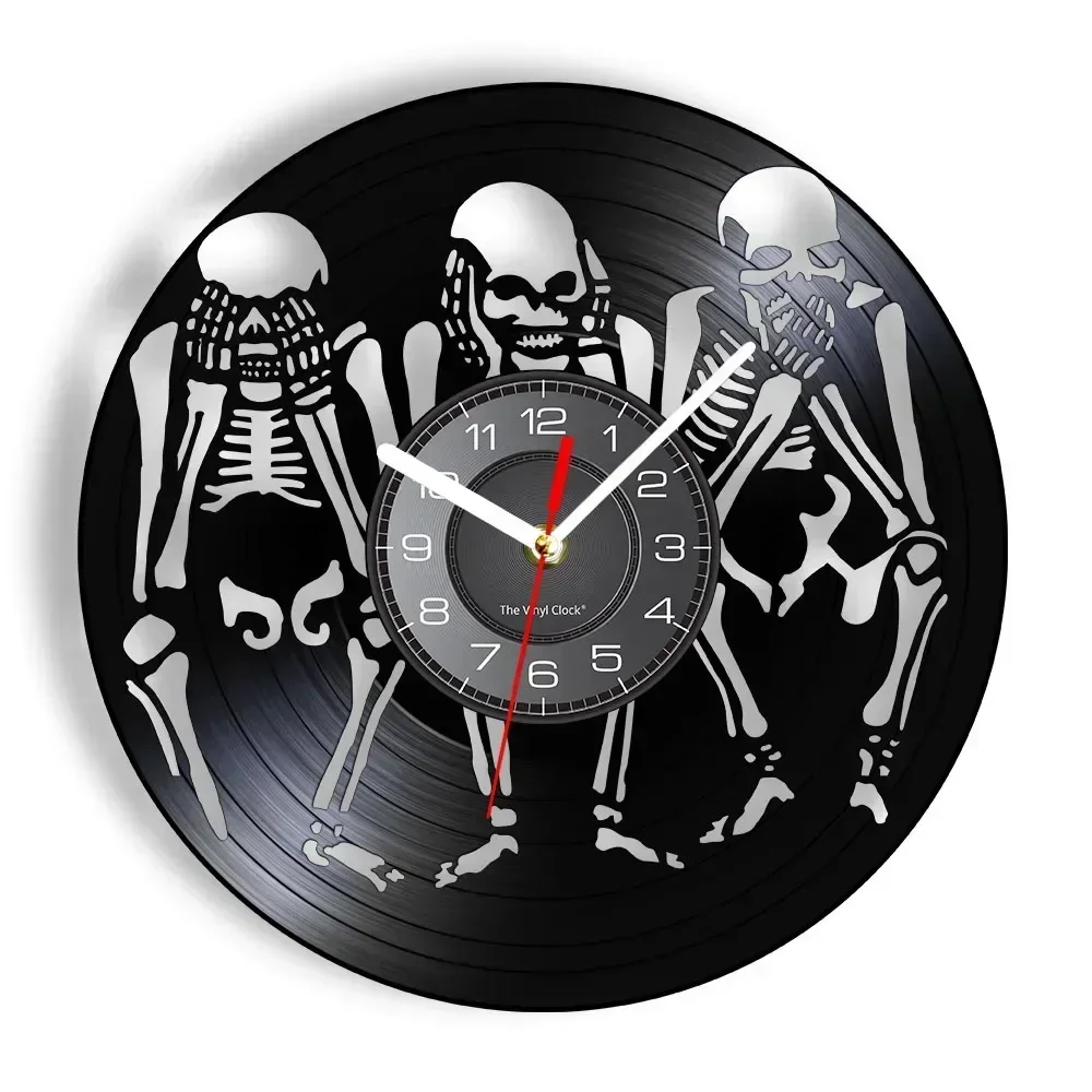 Skulls See No Hear No Speak No Evil Wall Clock Wisdom of The Skulls Wall Art Vinyl Record Clock Halloween Decorative Timepiece