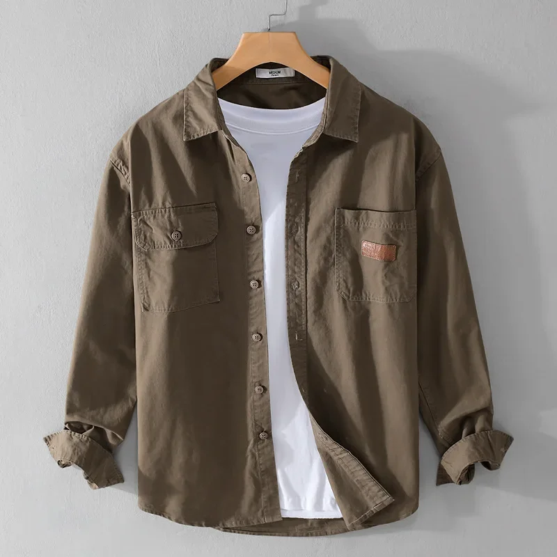 Japanese Retro Cargo Shirt Men Spring Fall New Mens Shirts Lapel Double Pockets Pure Cotton Long Sleeve Shirts Casual Clothing