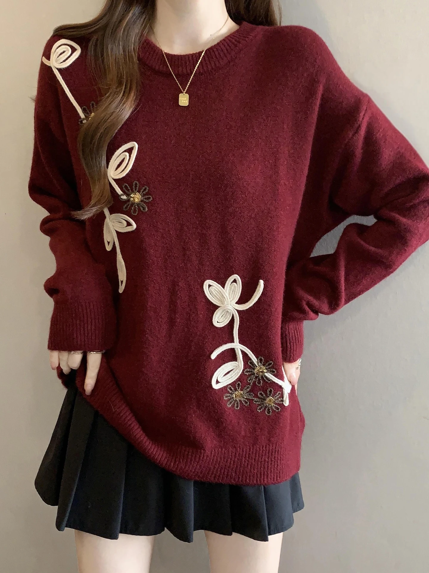 

Вязаный свитер с вышивкой красными цветами для женщин: весна-осень-зима, большие размеры, теплый, для ношения под одеждой, повседневный, модный, в стиле lazy top