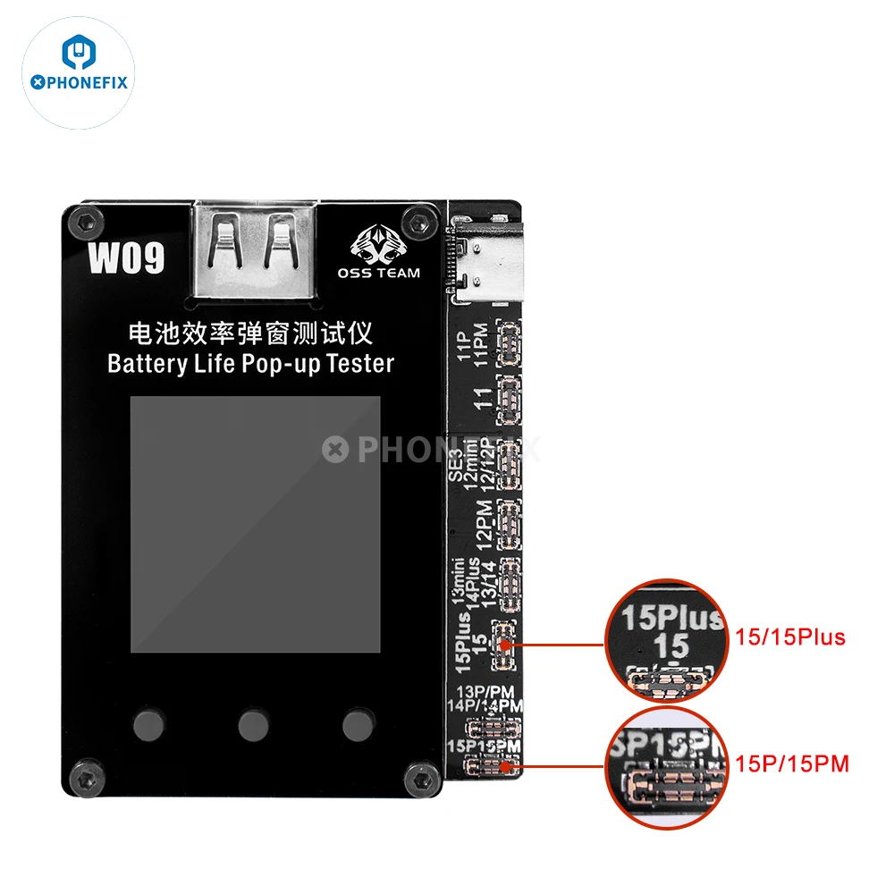 OSS W09 Pro V3 Tester Pop-up con durata della batteria che migliora l'efficienza della salute della batteria per gli strumenti di riparazione del cavo gratuiti della serie IPhone 11-15