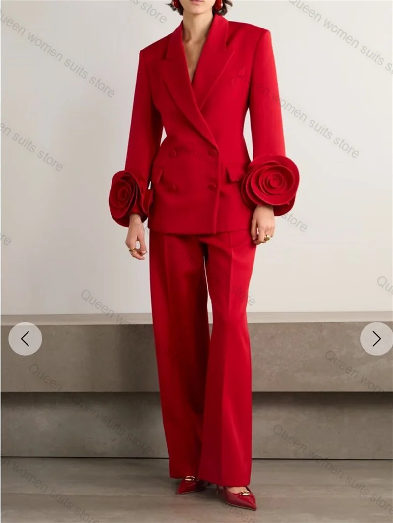 

Red Women Suit Set 2 Piece Blazer+Pants 3D Flower Business Formal Office Lady Jacket Double Breasted Wedding Coat Customized