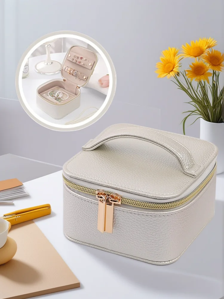 

White Leather Portable Jewelry Bag w/ Handle, Fixed Straps & Clear Pocket for Earrings/Rings/Necklace/Watch, Travel Organizer