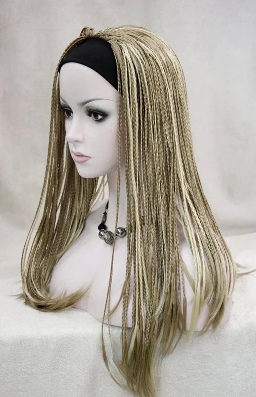 Synthetic Long Straight Hand Made Braids 3/4 Half Full Wig Headband for Women