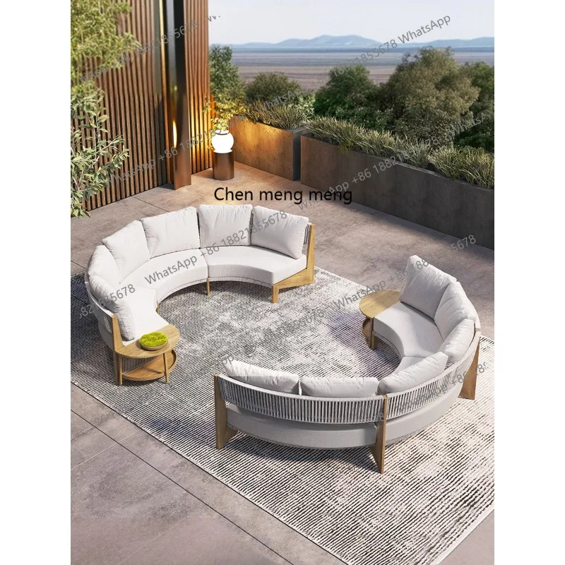 Round outdoor sofa Solid wood rattan open-air courtyard Garden Villa restaurant Outdoor card seat Rain and sun protection Teak