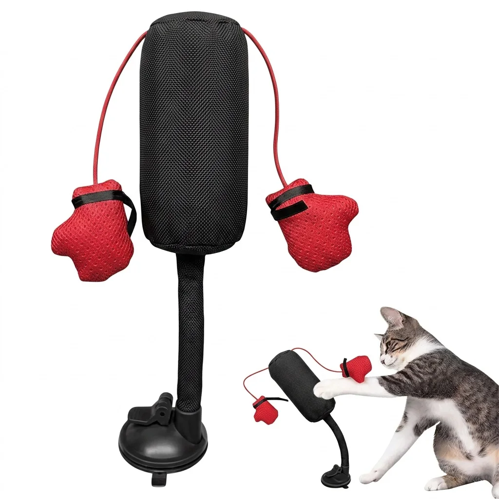 Cartoon Cat Punching Bag Toy for Indoor Cats with Boxing Gloves and Suction Cup, Random Color, Pet Supplies