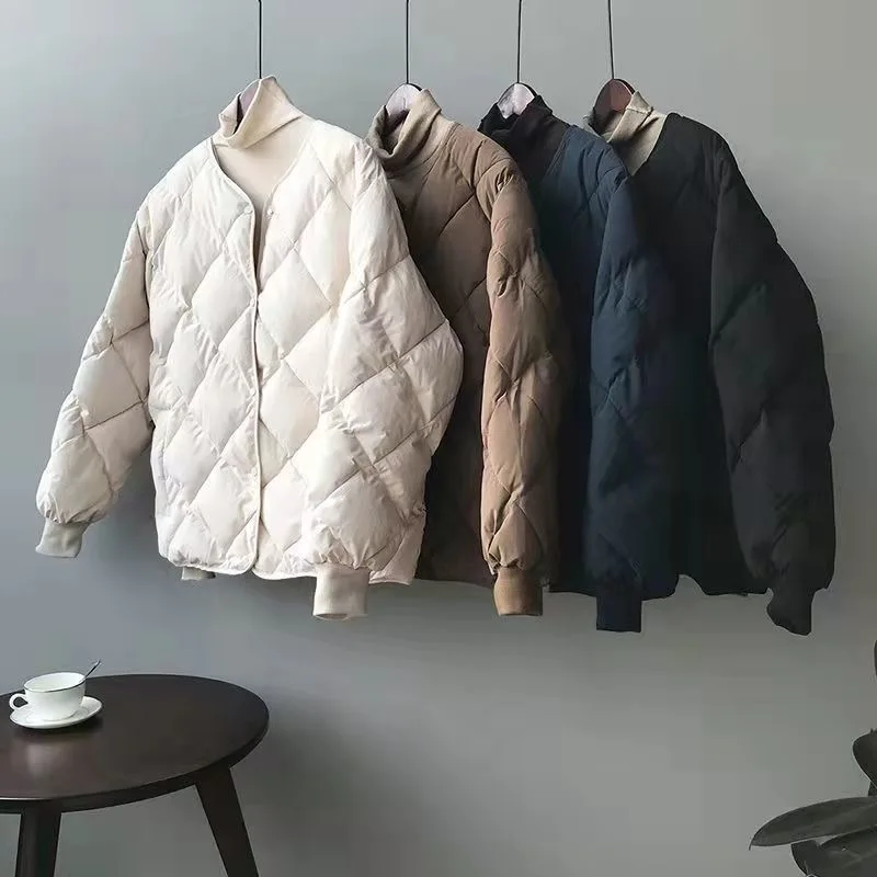 Korean Style Short Padded Cotton Jacket Women's Winter Loose Baseball Bread Coat Diamond Pattern Thick Outerwear