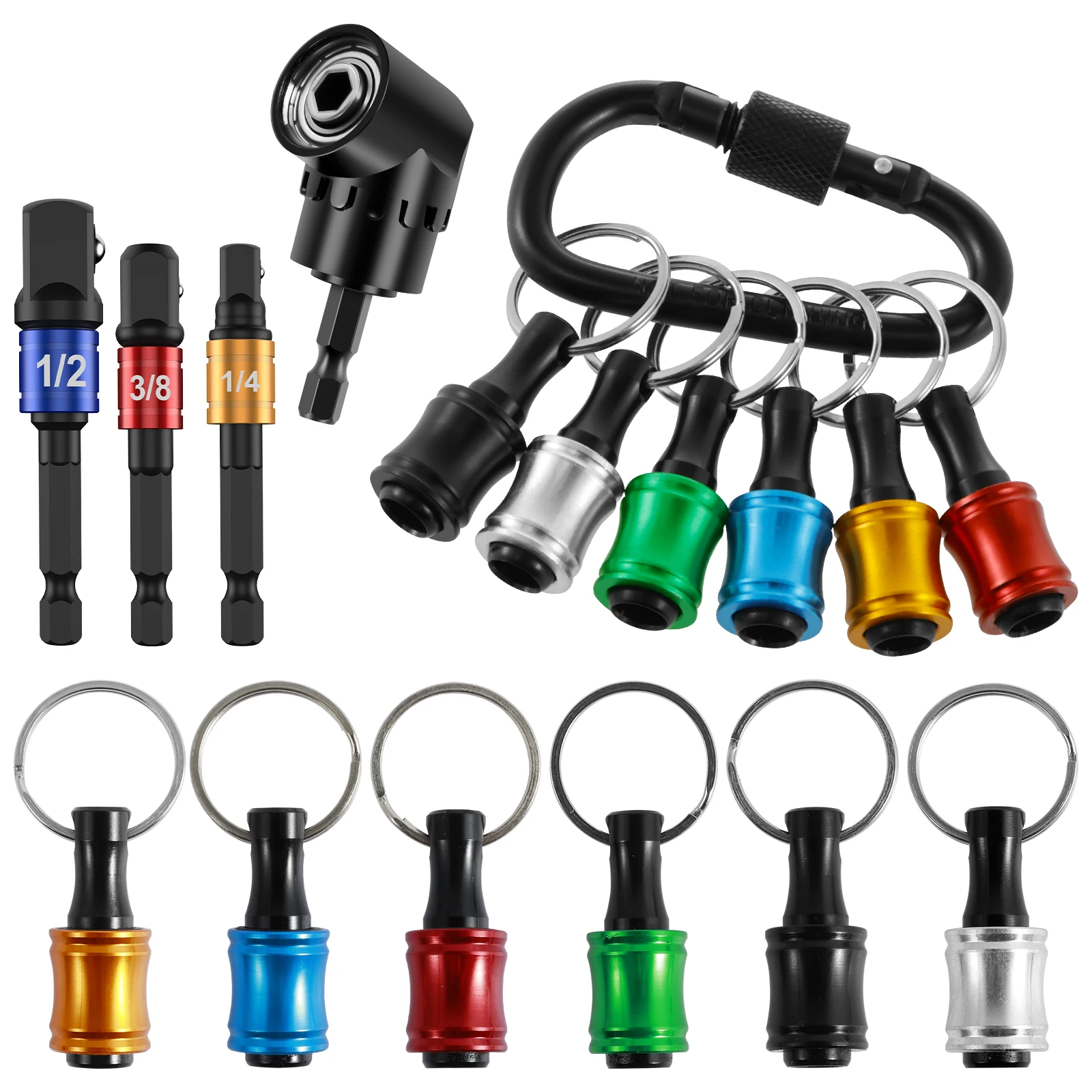 

Bit Holder Keychain 1/4In Hex Shank Screwdriver Bit Holder Quick-change Extension Bar Drill Screw Adapter 105° Right Angle Drill