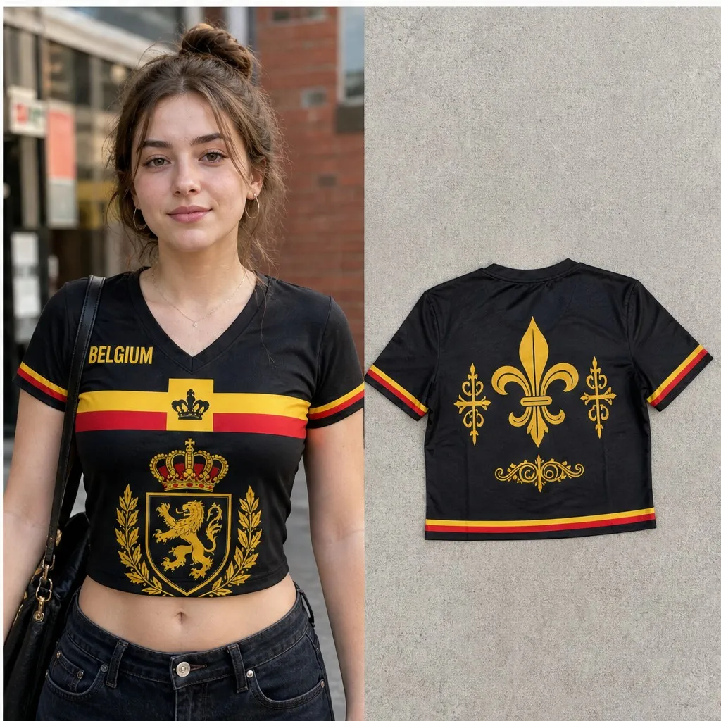 Womens V Neck Cropped Tee Belgium Crest Stripe Graphic Short Sleeve Summer Casual Top With Fleur Back Detail Daily Wear Favorite