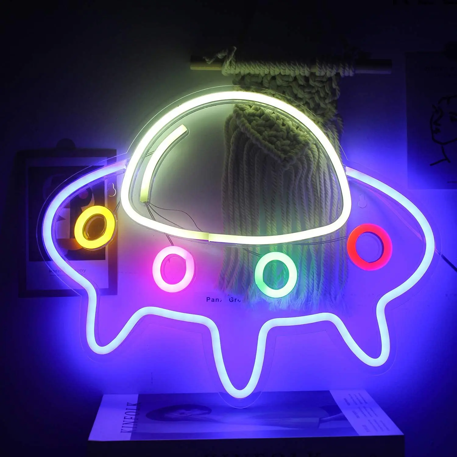 UFO Neon Sign Room Decoration Spacecraft Neon Led Sign Night Light Children Birthday Christmas Gift USB Power 15.9x12.6 Inch