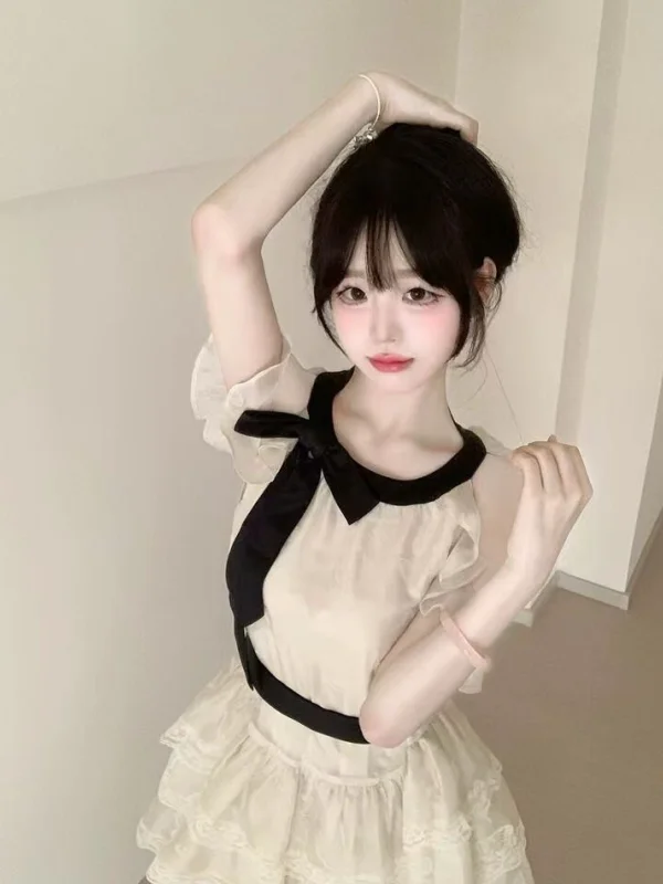 Summer Sweet Party Cake Neckline Dress Women's First Love Shoulder Bared Lace Waist Cinched Fluffy Skirt High Waist Commute S...