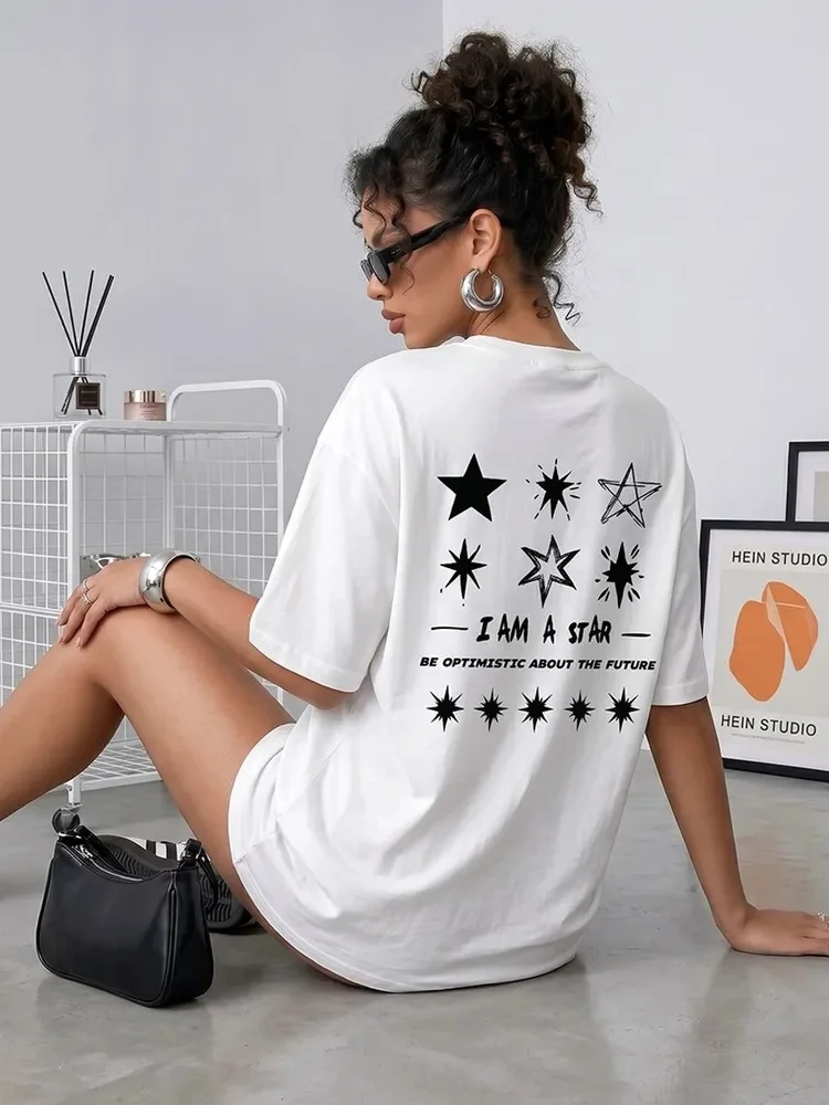 Retro hand-drawn star print T-shirt; streetwear style with 