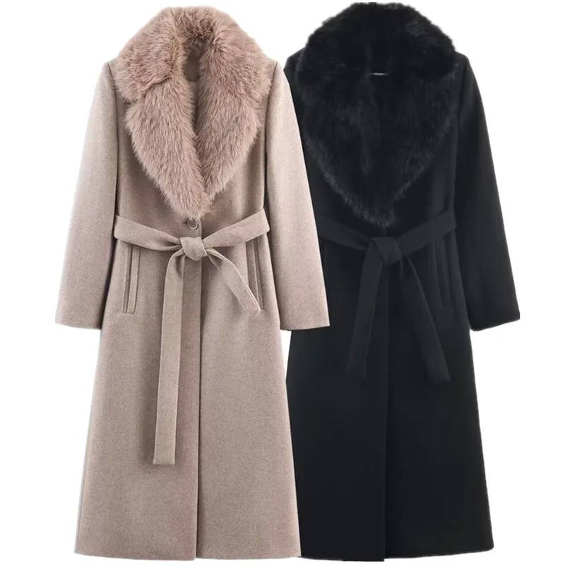 겨울 신상 여성 혼합 섬유 코트 스탠드 칼라 코트 인조 모피 효과 2025 가을 패션 여성 울 코트