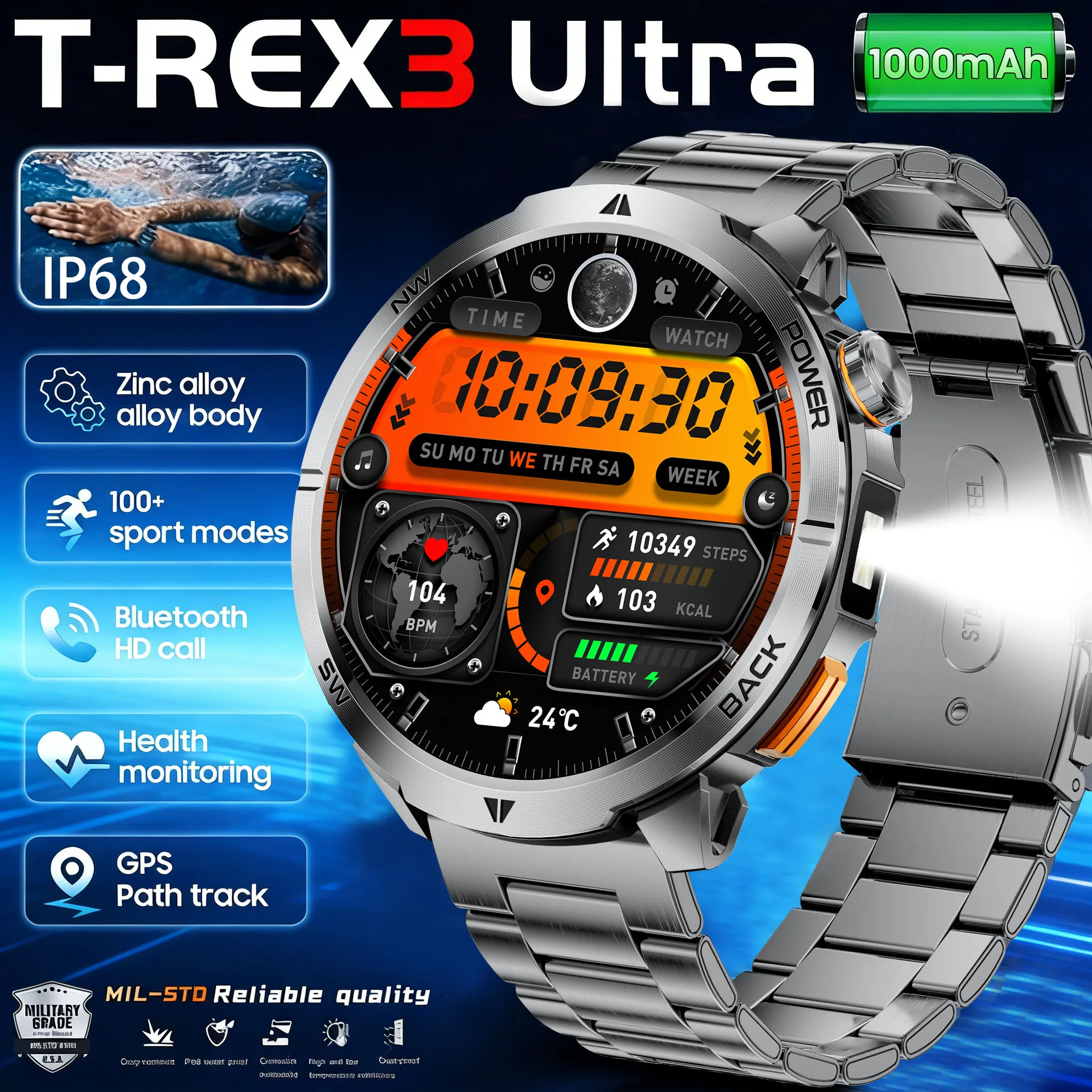 

2026 New T-Rex3 Ultra 1000Mah Military Smart Watch Men 1.7"AMOLED GPS Path 5ATM Waterproof Compass LED Flashlight Smartwatch iOS