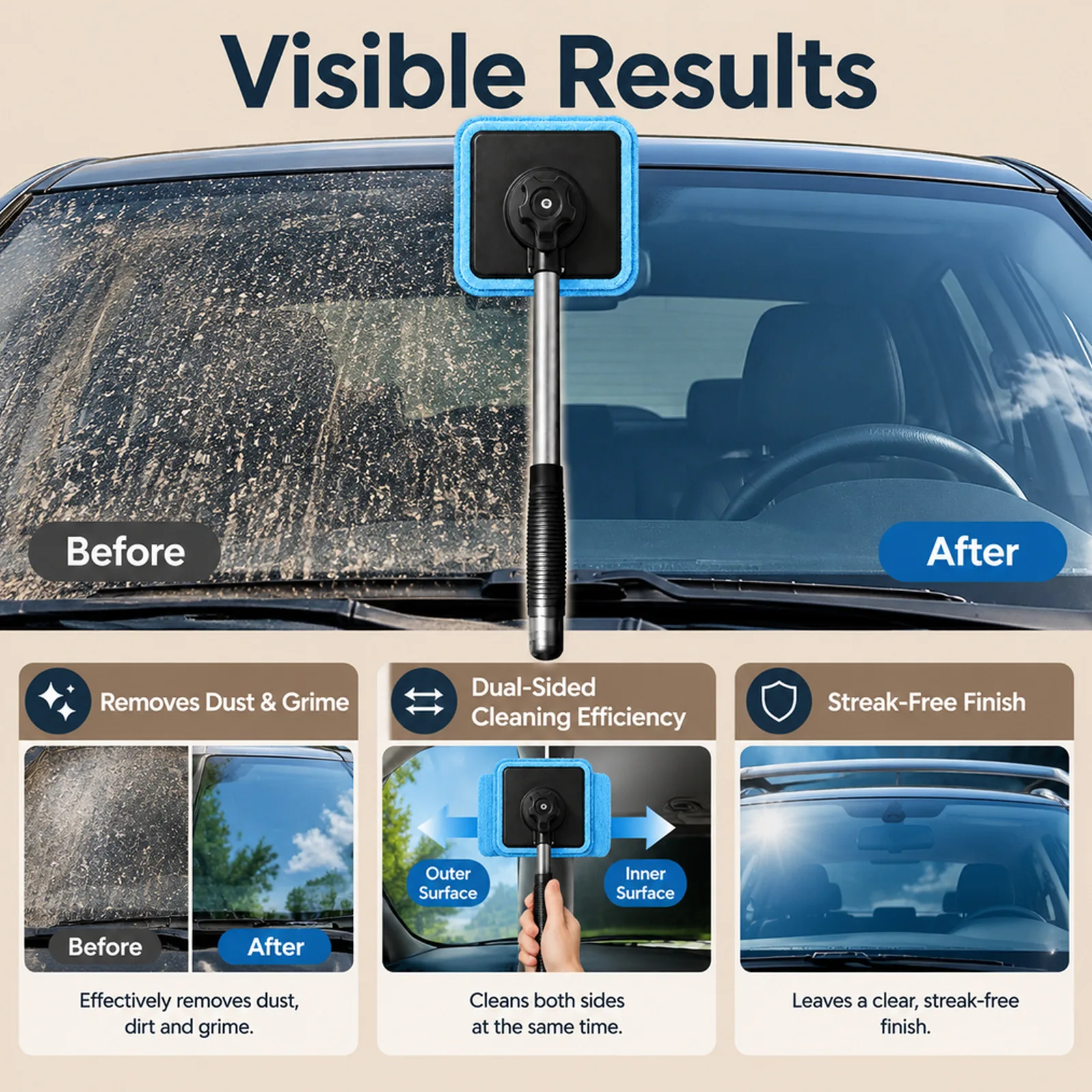 Extendable Handle Windshield Cleaner Magnetic Lock Glass Cleaning Kit Car Window Cleaning Tool Detachable Pads Streak-Free