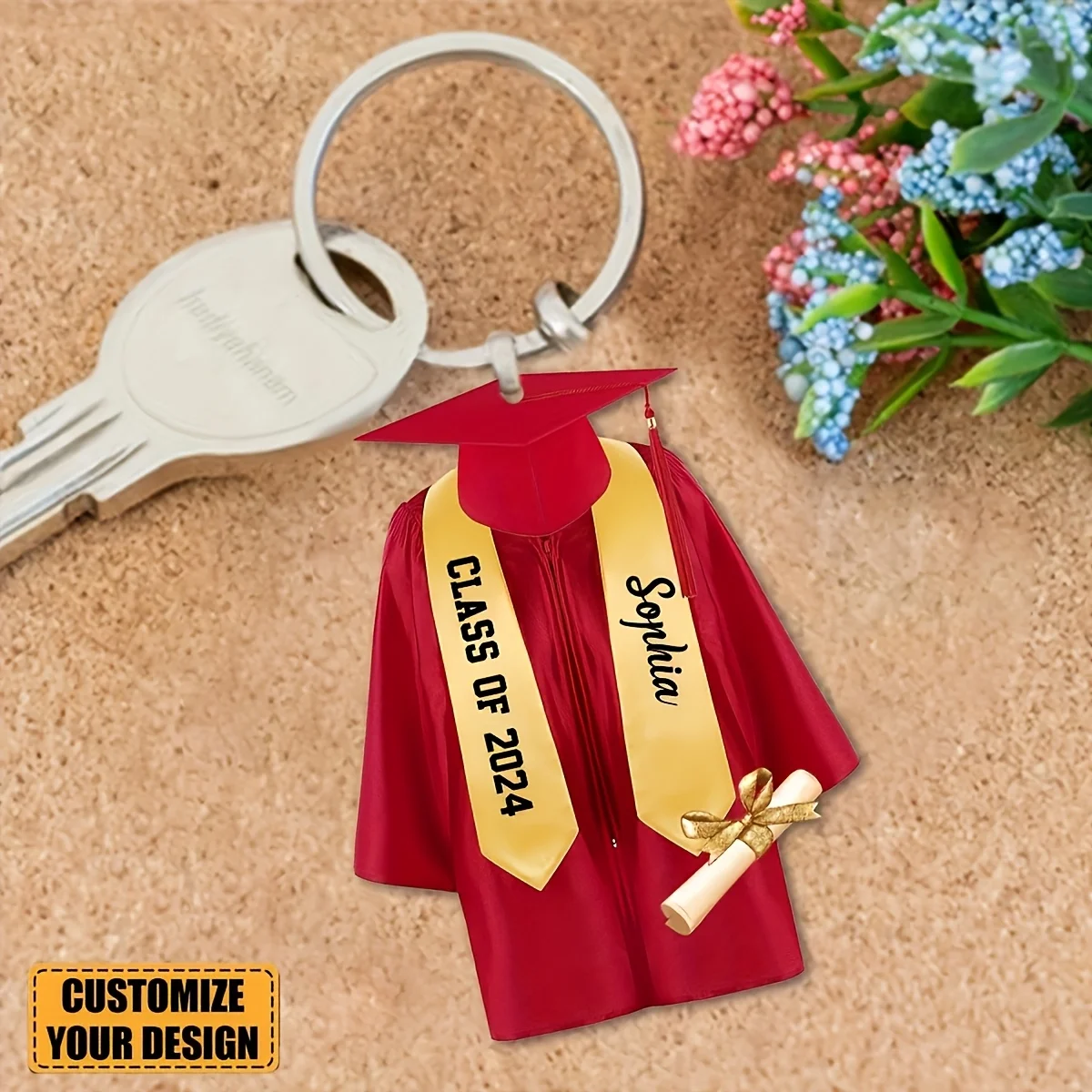 1 Pieza Llavero Personalizado de Acrílico Plano 2D con Gorro de Graduación, Llavero de Recuerdo de Graduación Personalizado