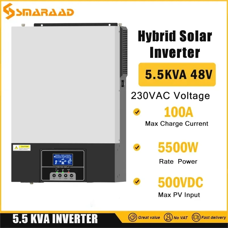 5500W Off Grid Hybrid Solar Inverter PV Input 48VDC Grid 230VAC 100A MPPT Charger Controller Work Without battery