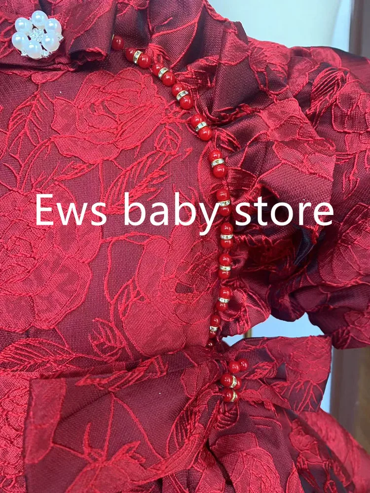 Summer New Children\'s Princess Ball Gown Kids Bow Puff Sleeve Design Wedding Birthday Baptism Party Red Dresses For Eid A2051