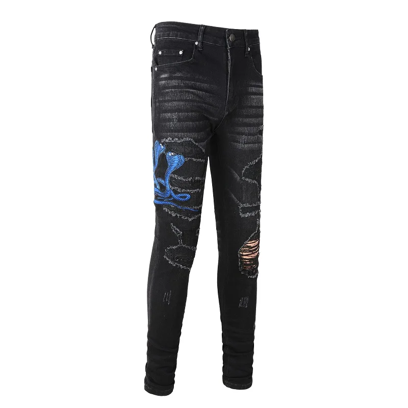 NEw Men's Embroidered Blue Snake Patchwork High Street Distressed Slim Fit Stretch Holes Patches Ripped Washed Black Jeans