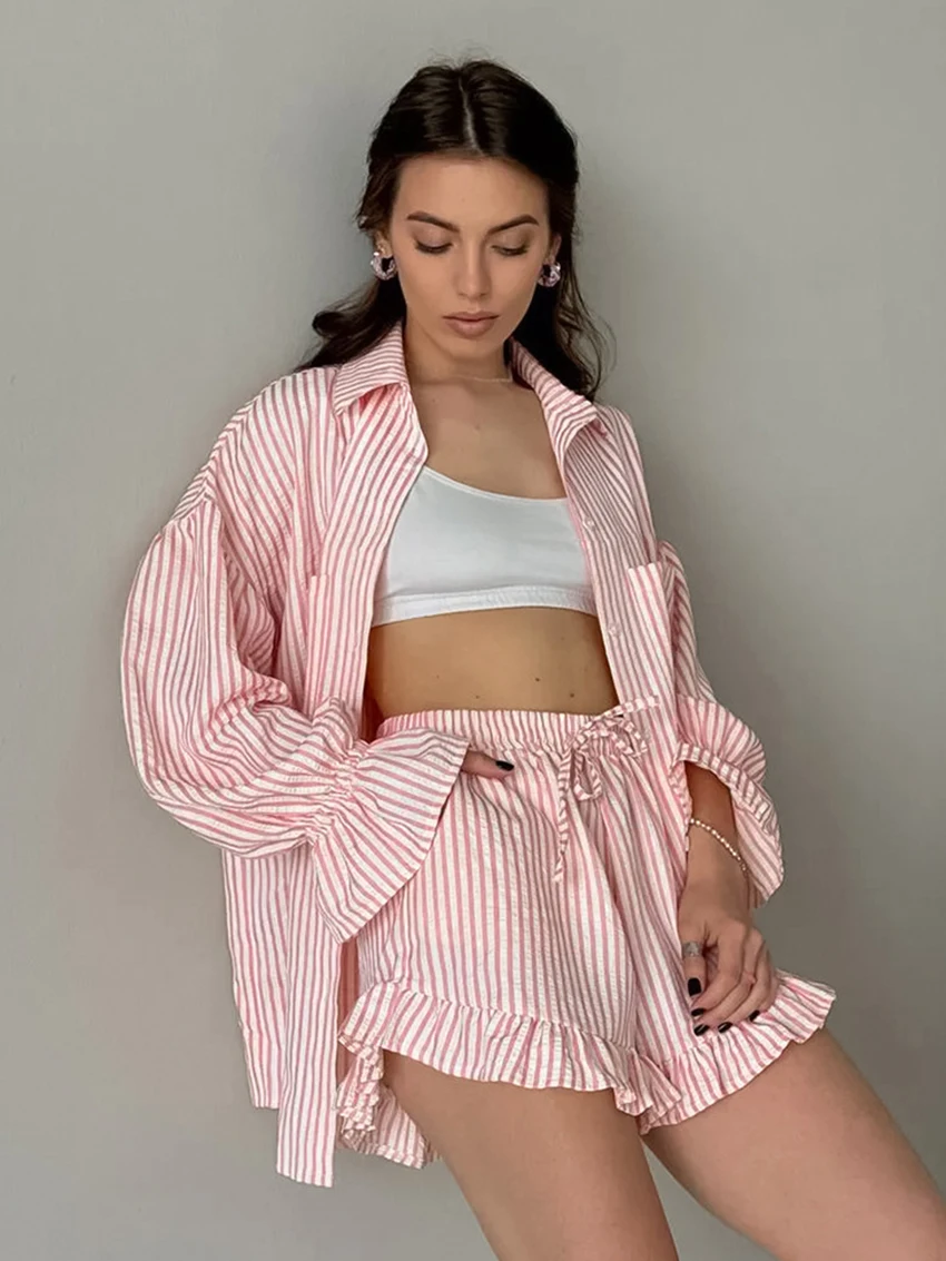 Marthaqiqi Striped Loose Women Pajamas Suit Turn-Down Collar Sleepwear Long Sleeve Nightwear Shorts Casual Ladies Nightgowns Set