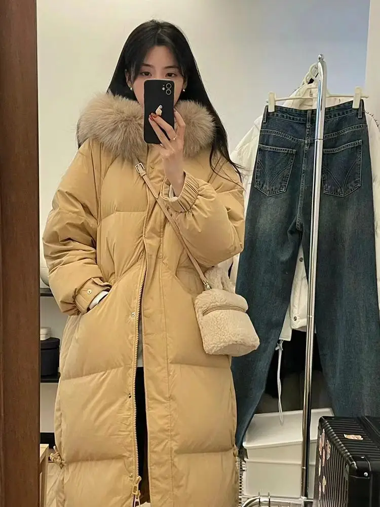 

Зимняя модная женская куртка-пуховик с большим меховым воротником, длинная свободная утолщенная зимняя куртка выше колена нового стиля